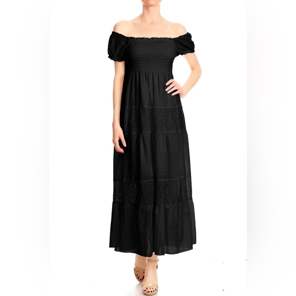 Anna-Kaci Womens Off Shoulder Boho Lace Semi Sheer Smocked Maxi Long Dress (c6)